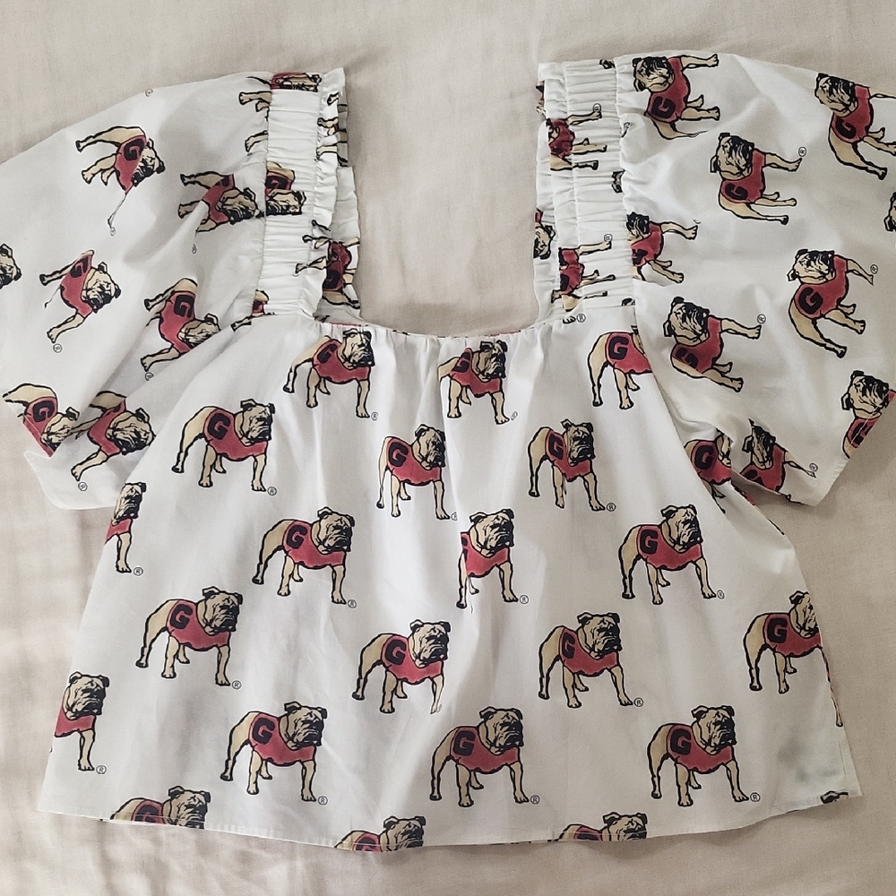 University Of GEORGIA Simons White Bulldog Print Blouse